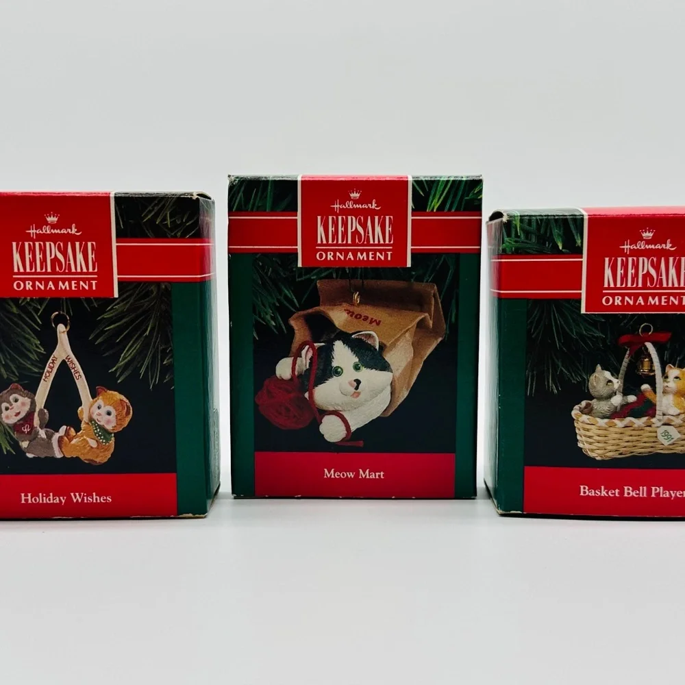 Hallmark Cat Ornaments 1990-1992 Meow Mart, Basket Bell Players, Holiday Wishes